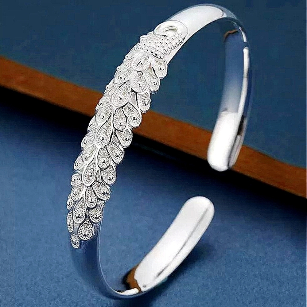Peacock Animal Sterling Silver Adjustable Bangle Bracelet
